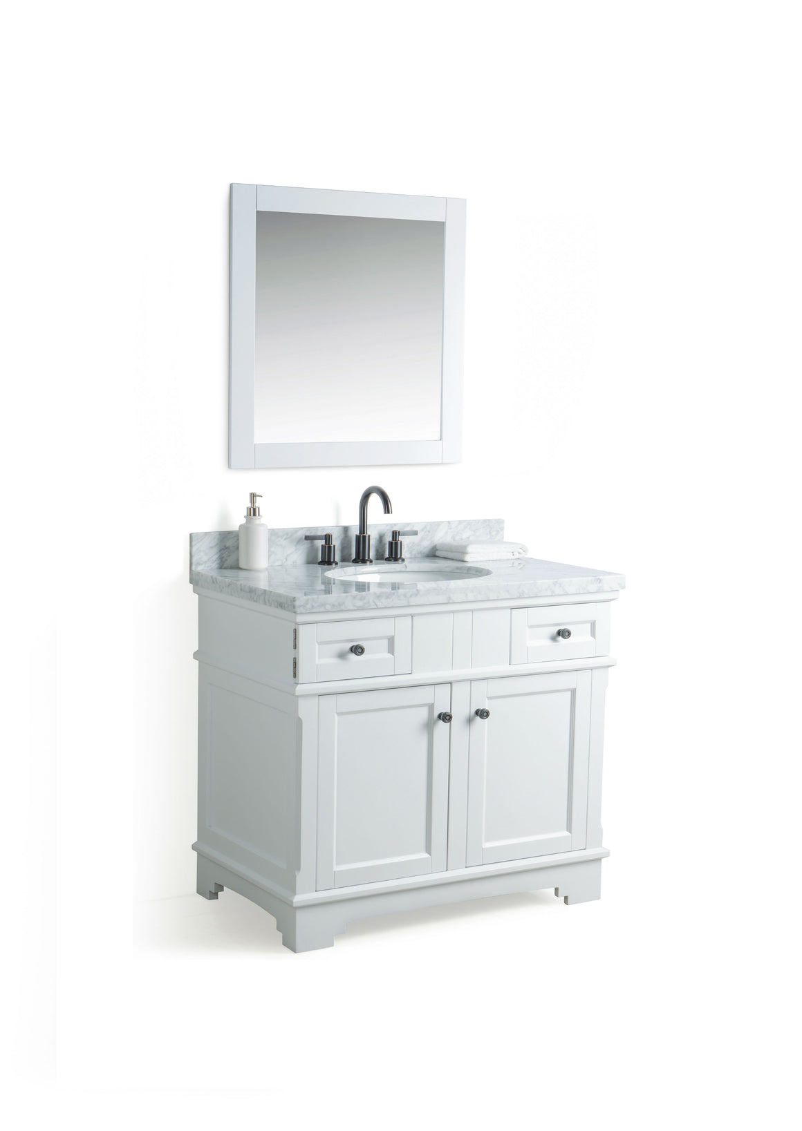 36" White Single Sink Bathroom Vanity with Marble Top and Faucet
