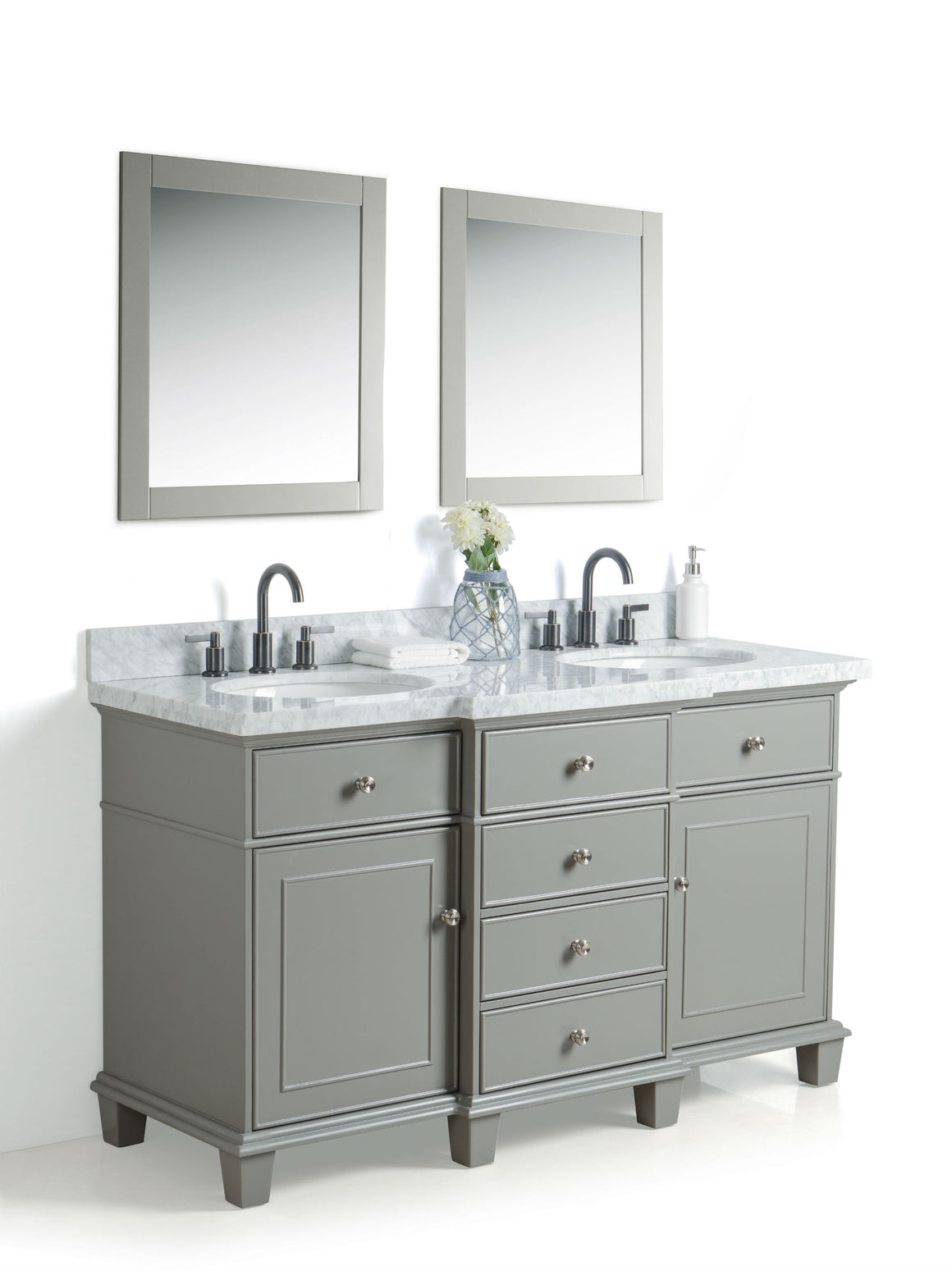 60" Gray Dual Sink Bathroom Vanity with Mirrors, Marble Top and Faucets