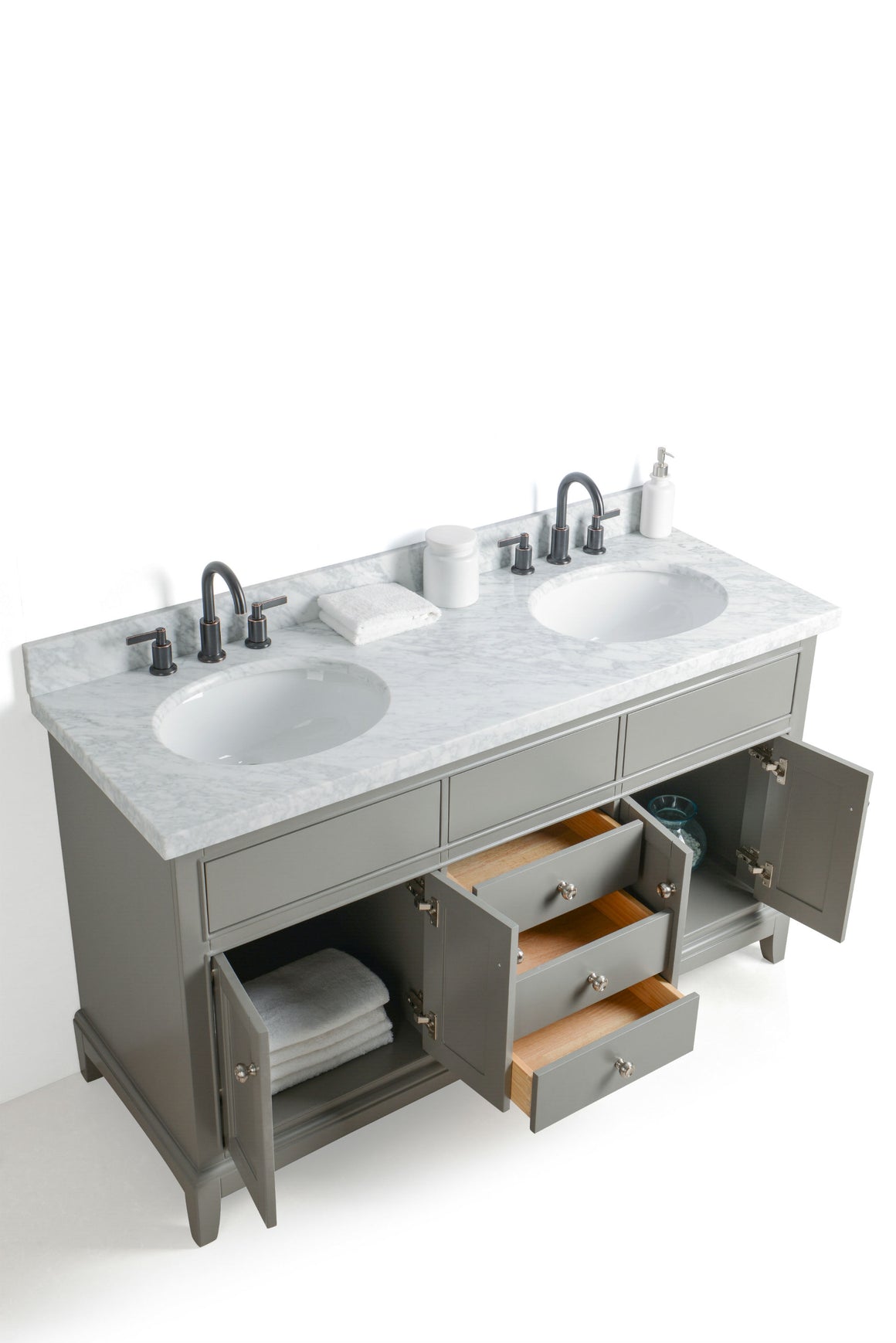 60" Grey Dual Sink Bathroom Vanity with Mirrors, Marble Top and Faucets