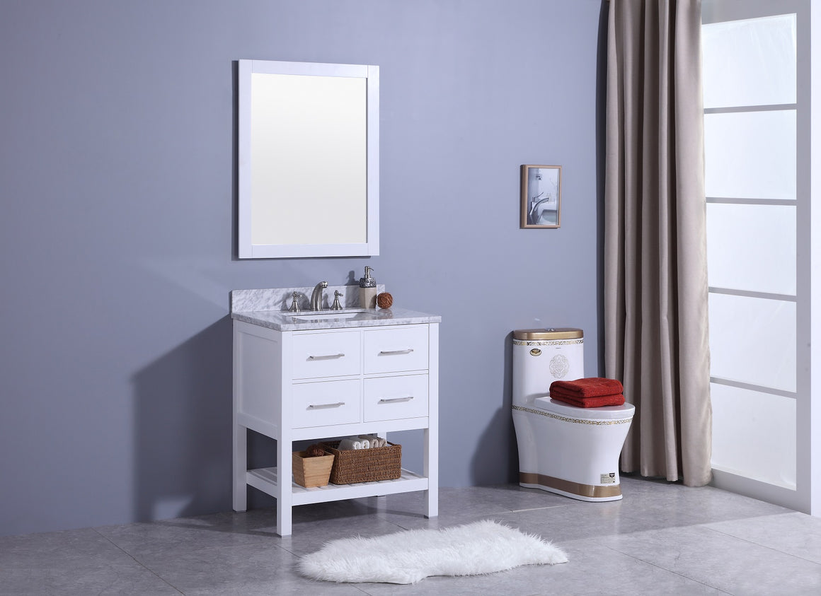 30" Estate Single Sink Bathroom Vanity in White with Marble Top