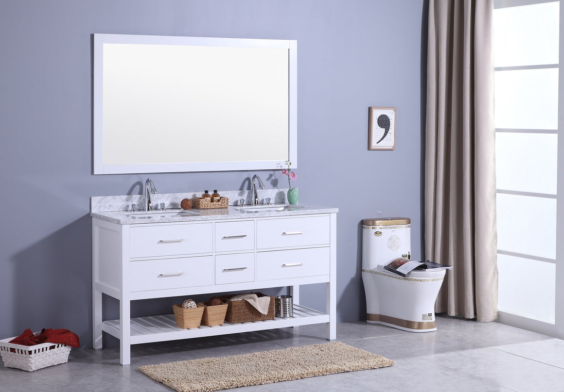 60" Estate Dual Sink Bathroom Vanity in White with Marble Top