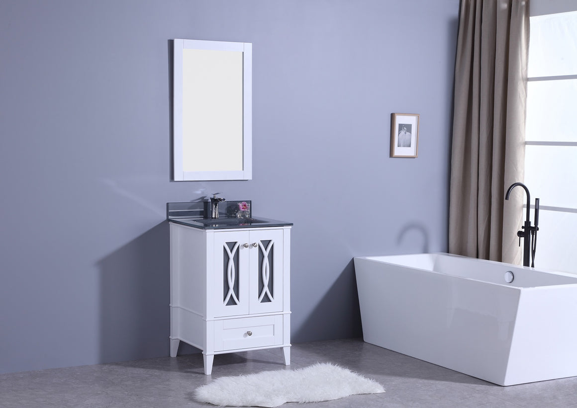 24" Bradford Single Sink Bathroom Vanity in White with Aegean Glass Top