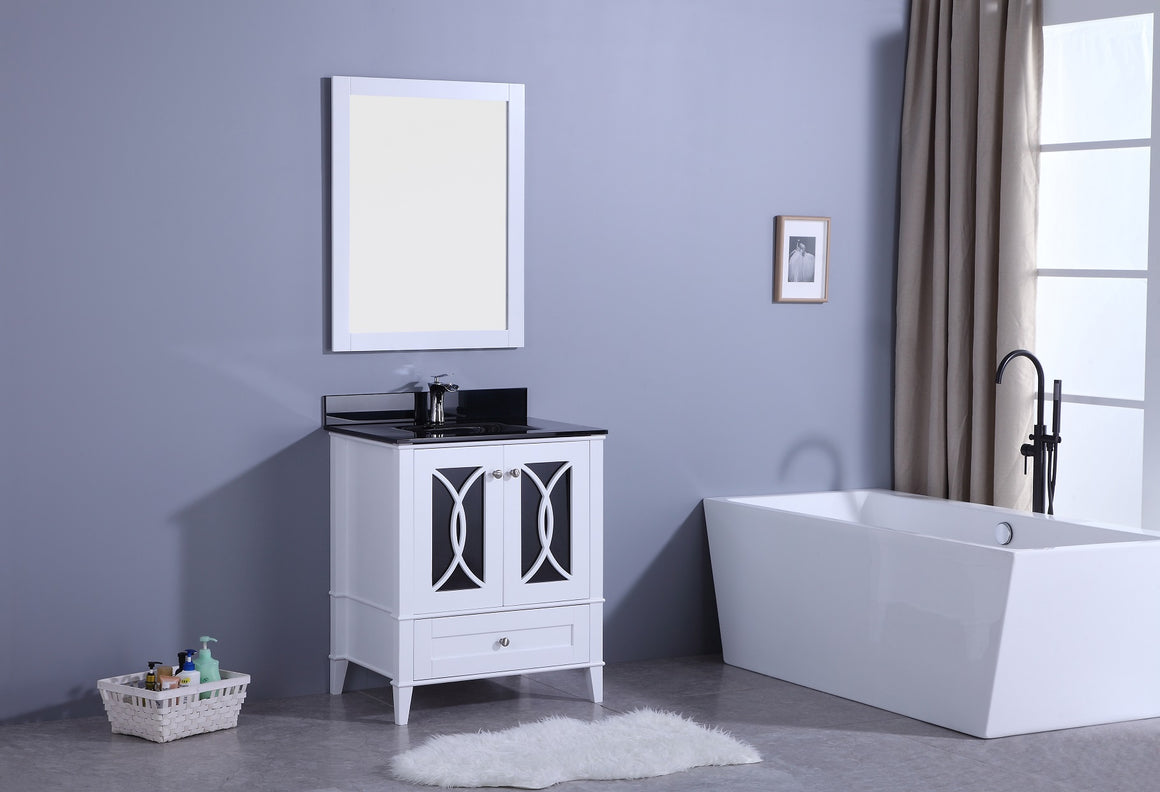 30" Bradford Single Sink Bathroom Vanity in White with Black Glass Top