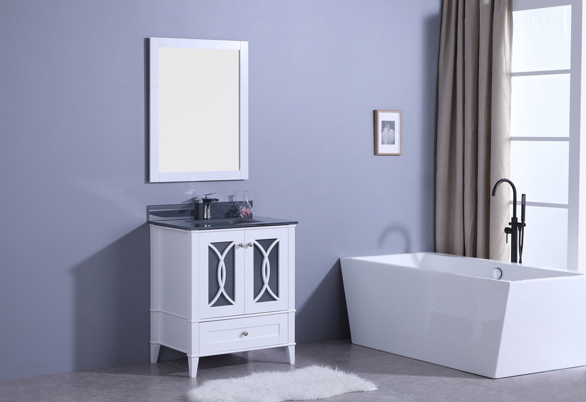 30" Bradford Single Sink Bathroom Vanity in White with Aegean Glass Top