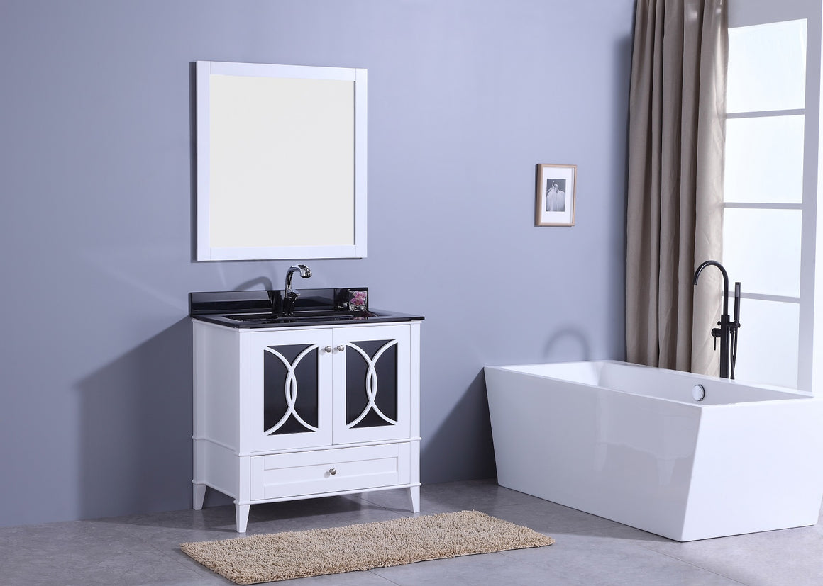 36" Bradford Single Sink Bathroom Vanity in White with Black Glass Top