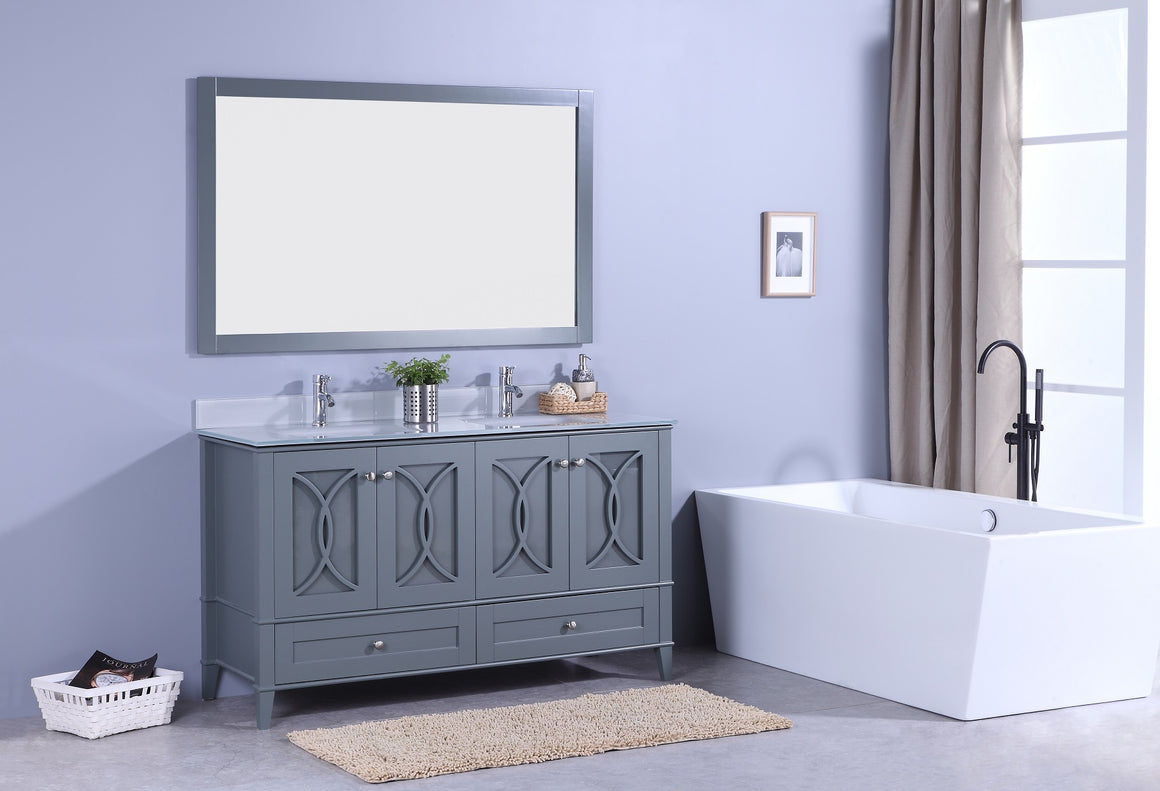 60" Bradford Dual Sink Bathroom Vanity in Warm Gray with White Glass Top