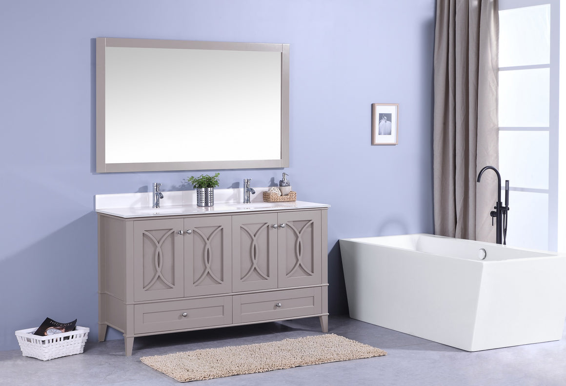 60" Bradford Dual Sink Bathroom Vanity in Warm Gray with White Glass Top