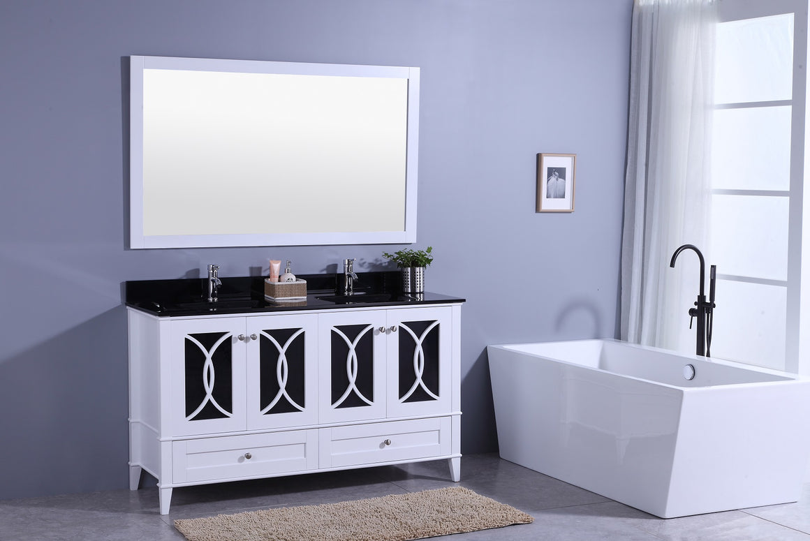 60" Bradford Dual Sink Bathroom Vanity in White with Black Tempered Glass Top