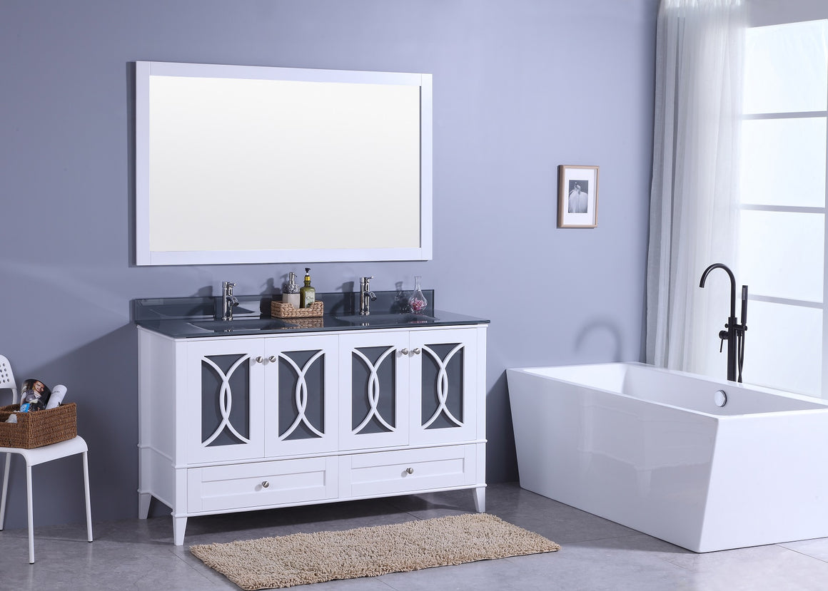 60" Bradford Dual Sink Bathroom Vanity in White with Glass Top