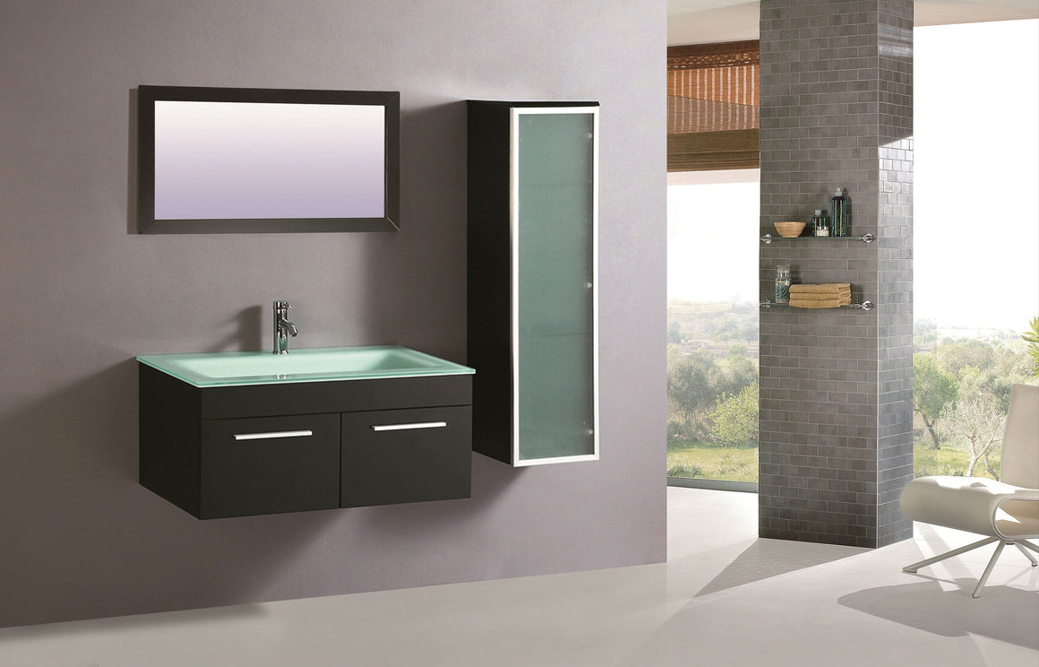 32" Sink Wall Mount Bathroom Vanity with Side Cabinet, Mirror and Tempered Glass Top