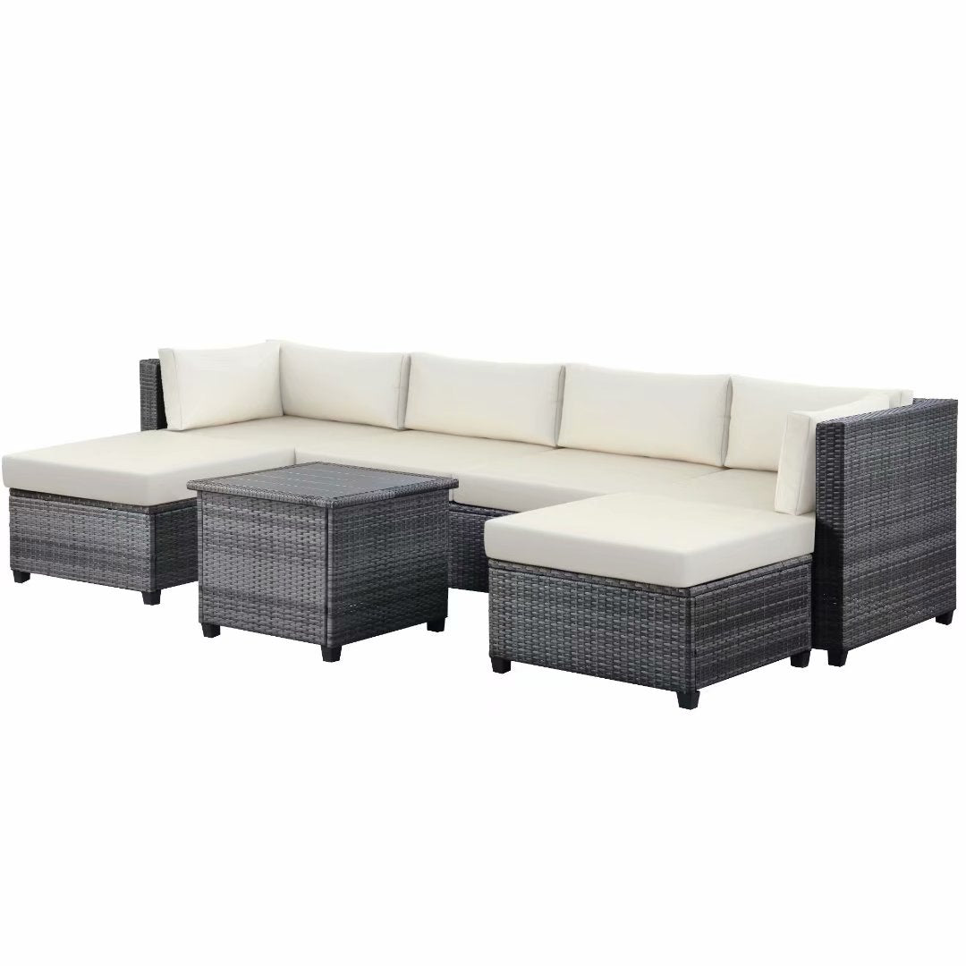 Fablise 7-Piece Rattan Sectional Patio Outdoor Seating Group with Ivory Cushions