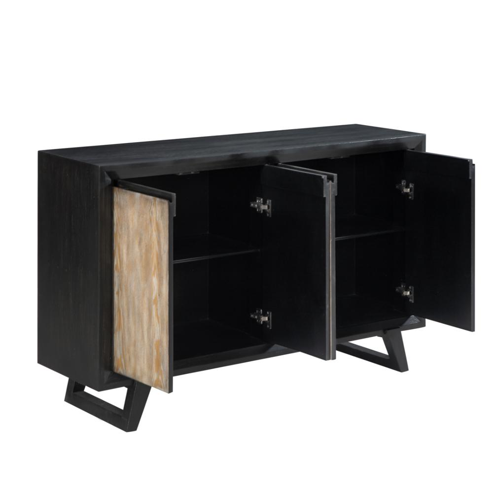 57" Black Credenza Accent Cabinet with Four Rustic White Wooden Grain Doors