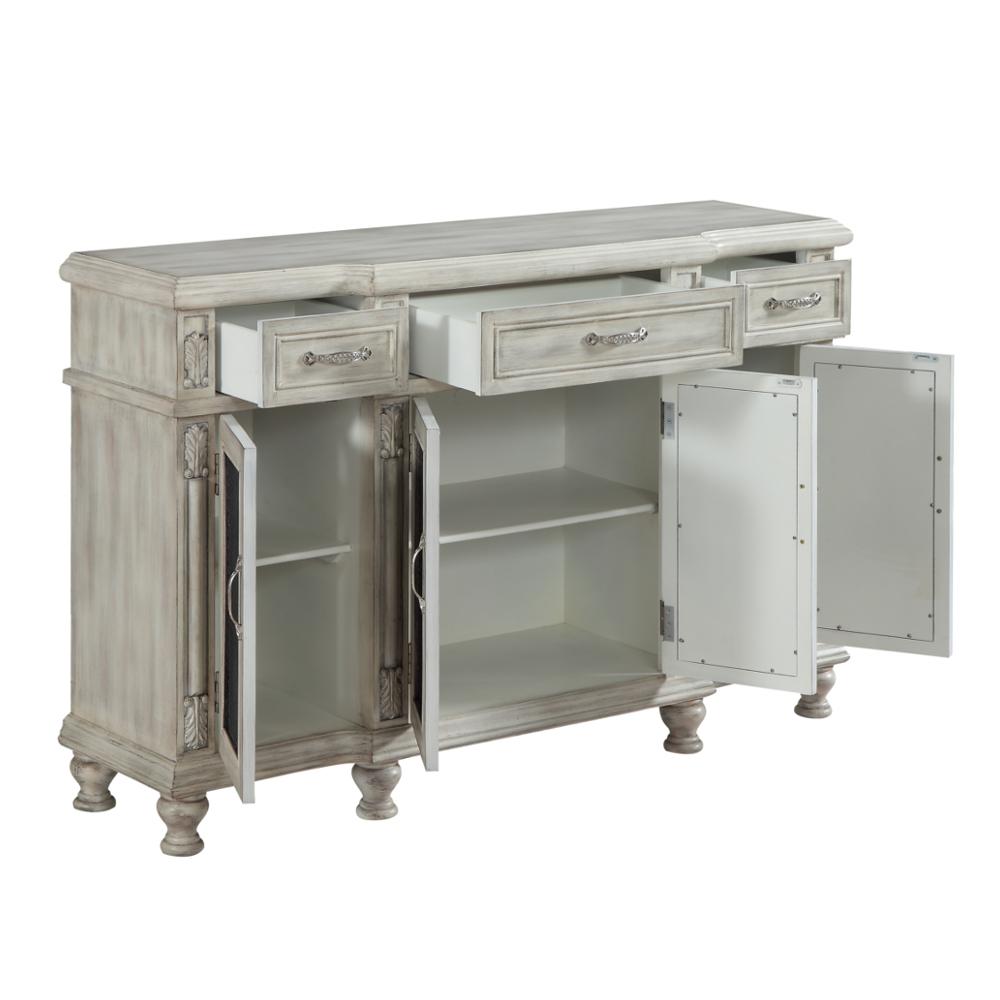 57" Accent Cabinet With Four Mirrored Doors in Rustic White