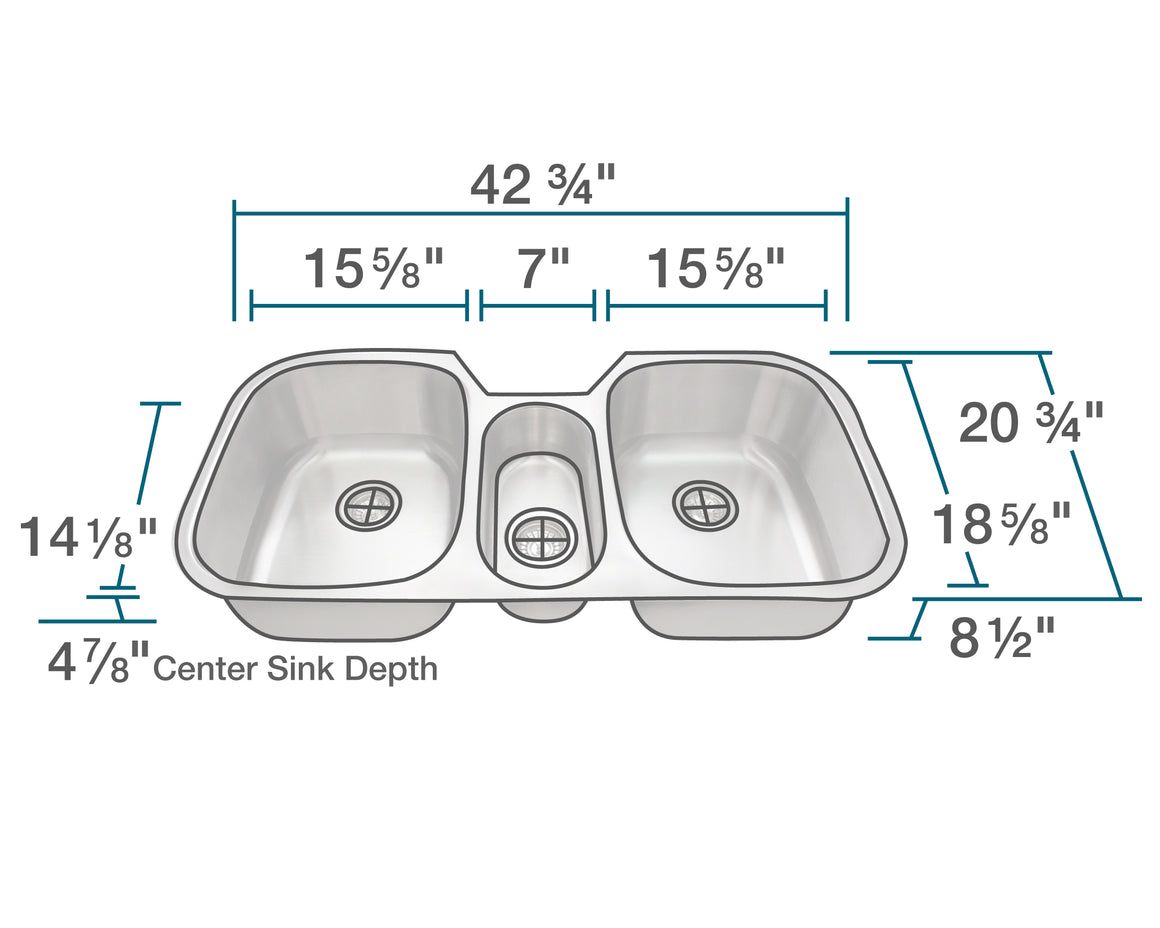 P1254-16 Triple Bowl Stainless Steel