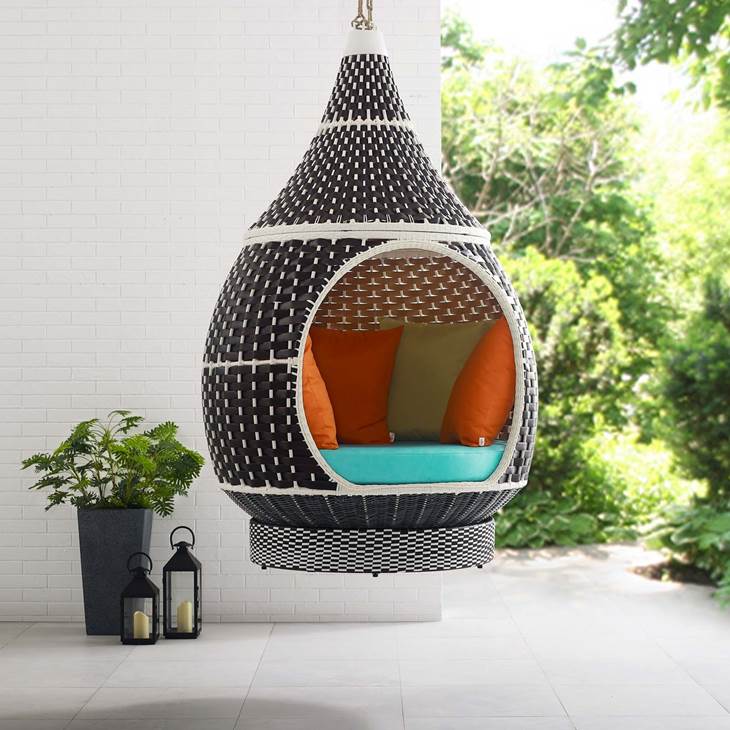 Palace Outdoor Patio Wicker Rattan Hanging Pod Brown Turquoise