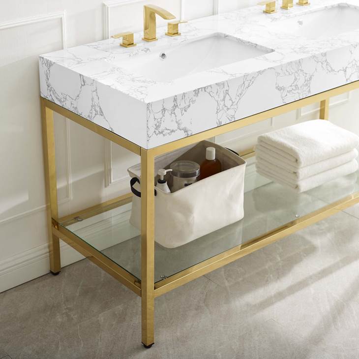 Kingsley 60" Gold Stainless Steel Bathroom Vanity Gold White