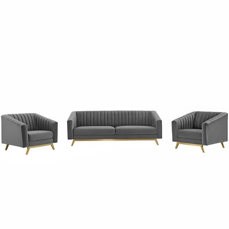 Valiant Vertical Channel Tufted Upholstered Performance Velvet 3 Piece Set