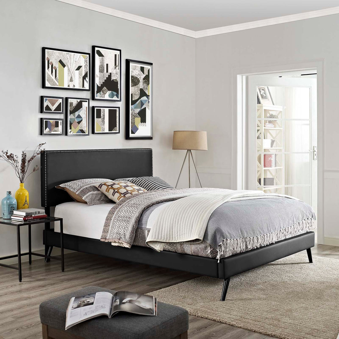 Macie Vinyl Platform Bed with Round Splayed Legs Black