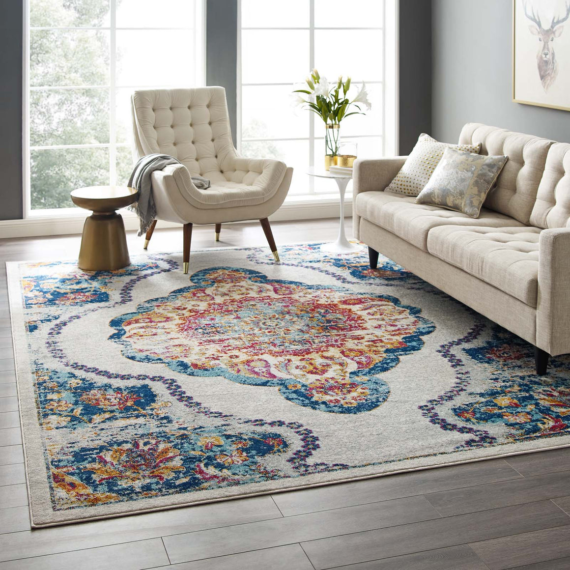 Entourage Malia Distressed Vintage Floral Persian MedallionArea Rug